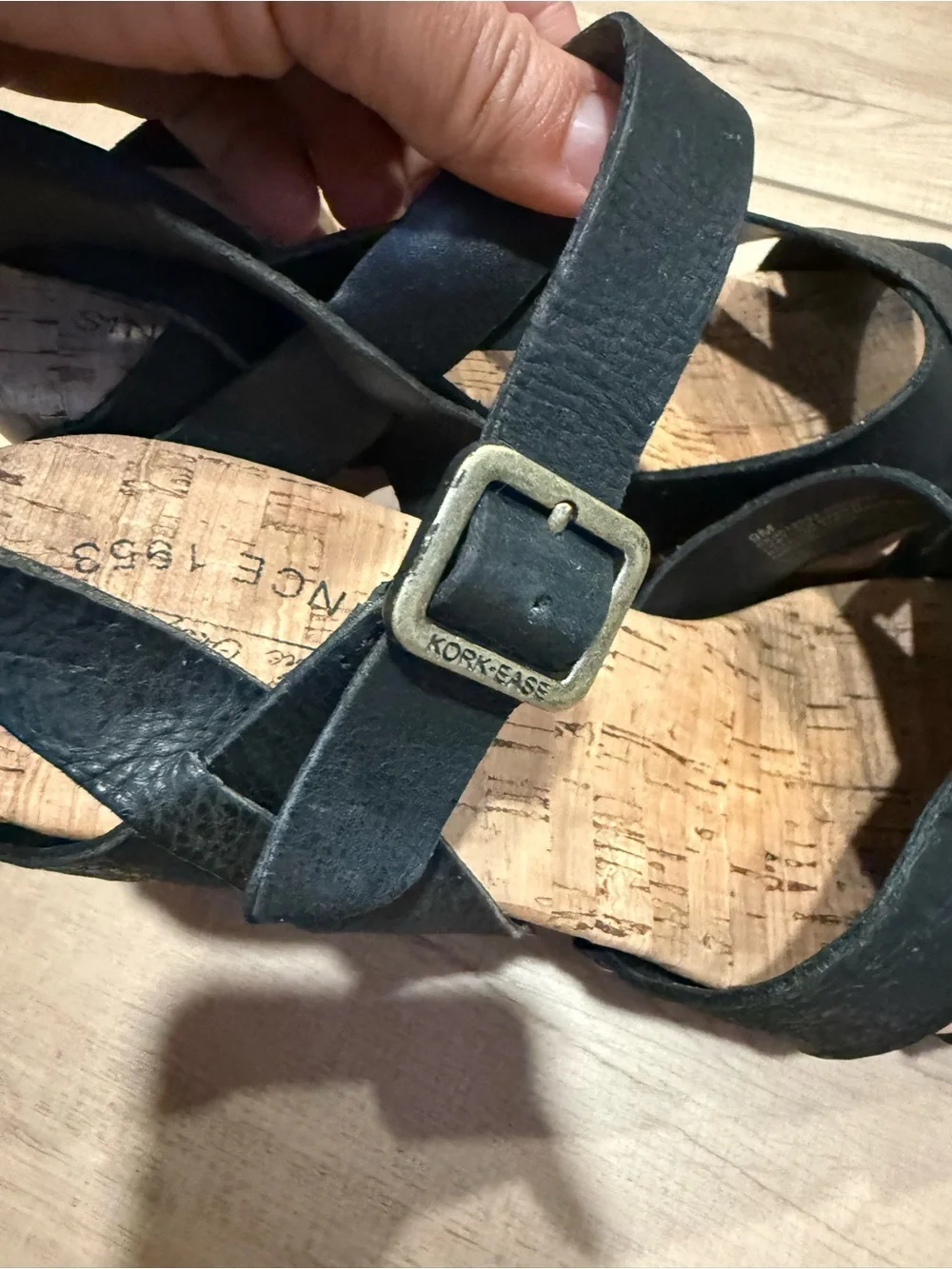 Kork-Ease Black Leather Cork Wedge Sandals with Ankle Strap
